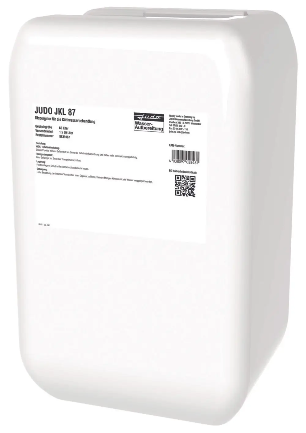 Weißer Behälter mit Judo-Logo und Informationen zur Verwendung als Dosierlösung zur Kühlwasserbehandlung. Auf der Verpackung sind Sicherheitsinformationen und ein Barcode.